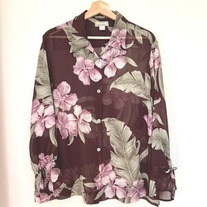 Tommy Bahama Womens Silk Sheer Tropical Floral Camp Shirt Burgundy Pink XL